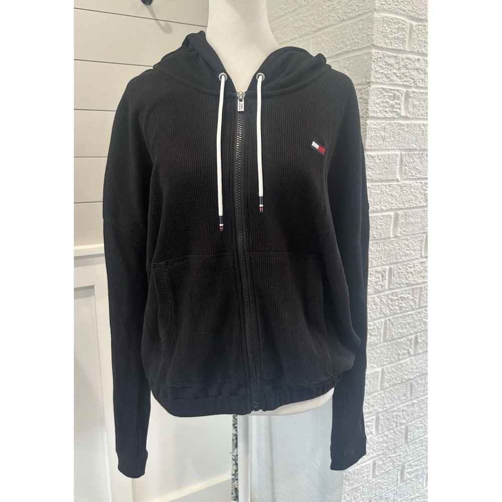 Tommy Hilfiger Women's Waffle Knit Full Zip Hoodie Jacket Sz L Black